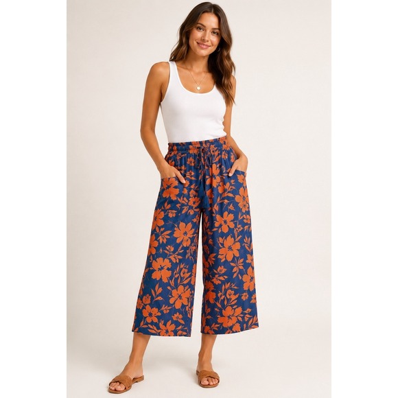 Coastal Pants - LOMON Linen Cotton Floral Wide Leg Crop Pants NWT Boho Resort Coastal‎ L
